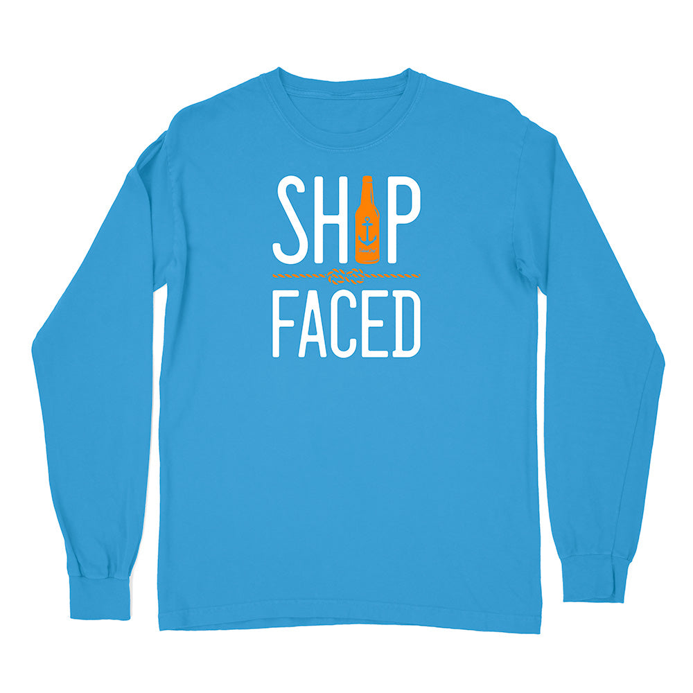 Blue long-sleeve shirt with 'Ship Faced' text and bottle graphic on a white background