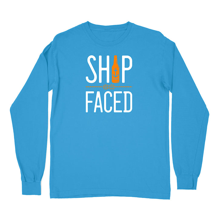 Blue long-sleeve shirt with 'Ship Faced' text and bottle graphic on a white background