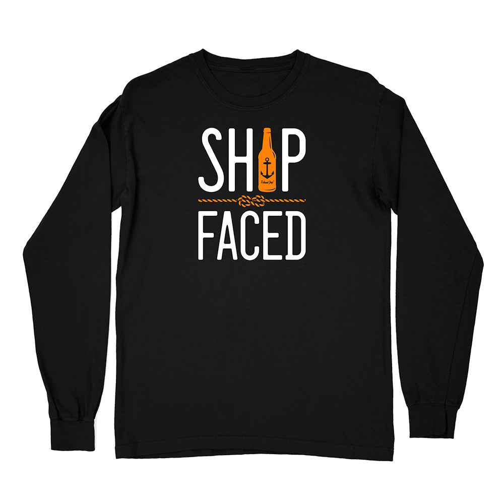 Black long-sleeve shirt with 'Ship Faced' graphic design on a white background