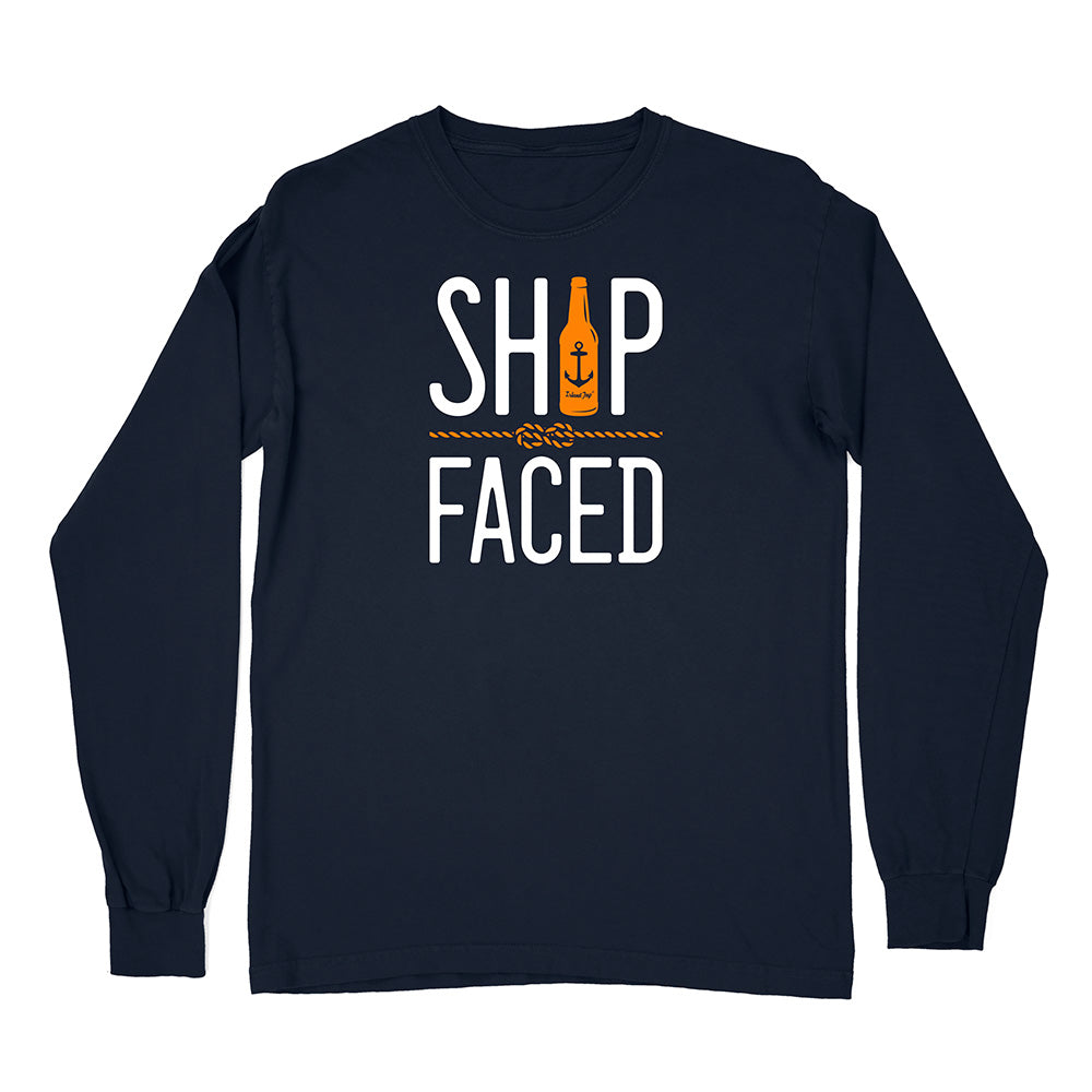 Navy blue long-sleeve shirt with 'Ship Faced' graphic design on a white background