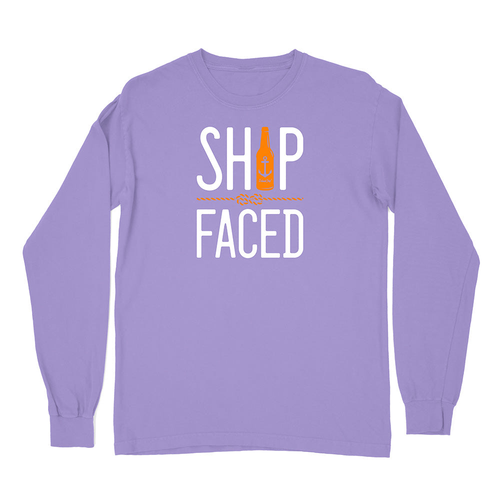 Purple long-sleeve shirt with 'Ship Faced' text and bottle graphic on a white background