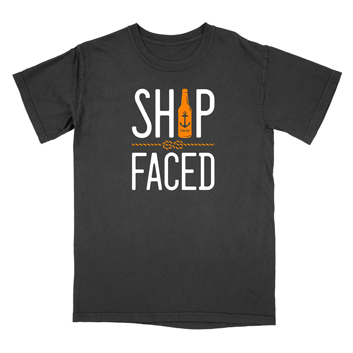 Black t-shirt with 'SHIP FACED' text and bottle graphic on a white background