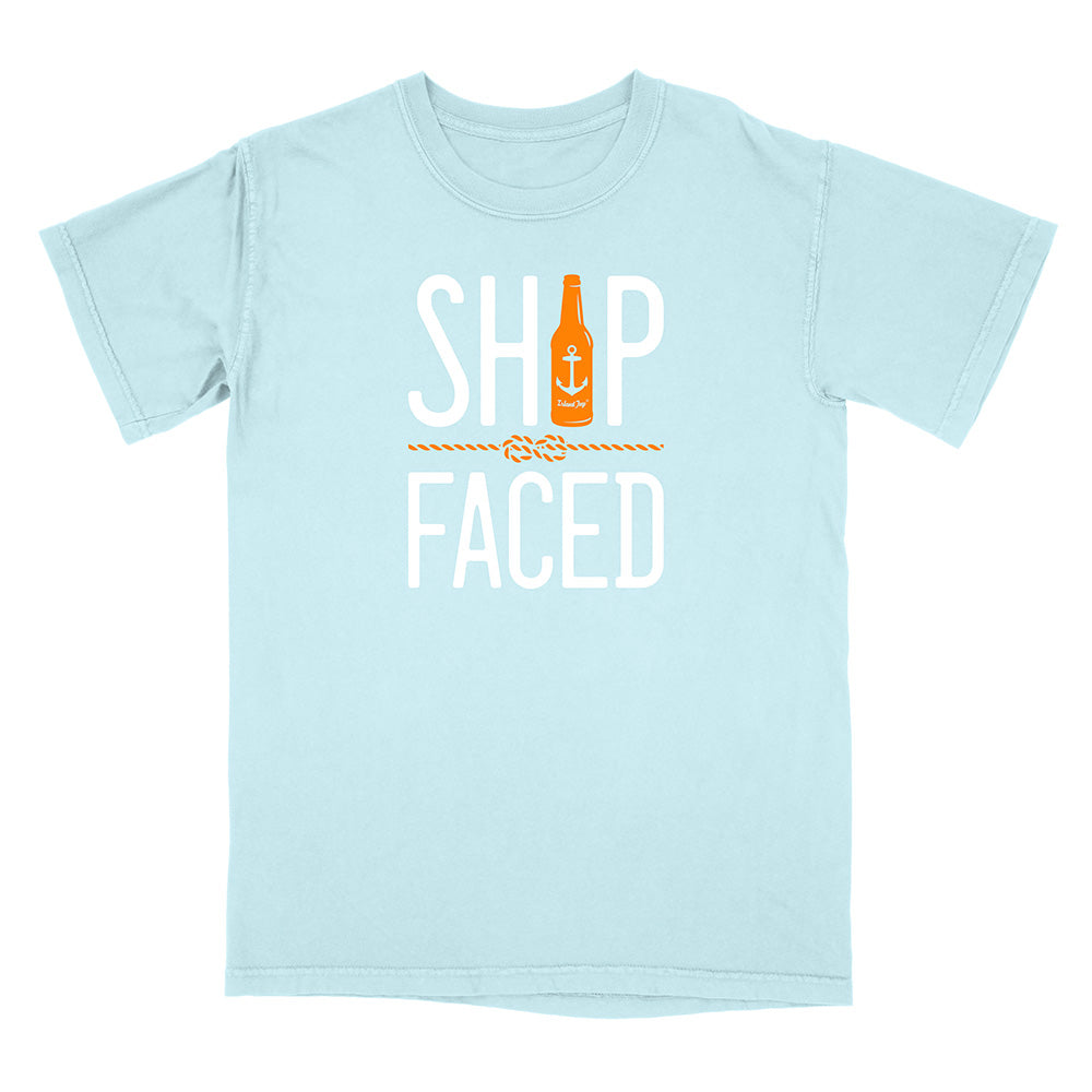 Light blue t-shirt with 'Ship Faced' text and graphic on a white background