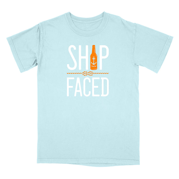 Light blue t-shirt with 'Ship Faced' text and graphic on a white background