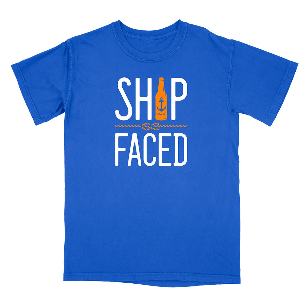 Blue t-shirt with 'Ship Faced' text and an orange bottle graphic on a white background