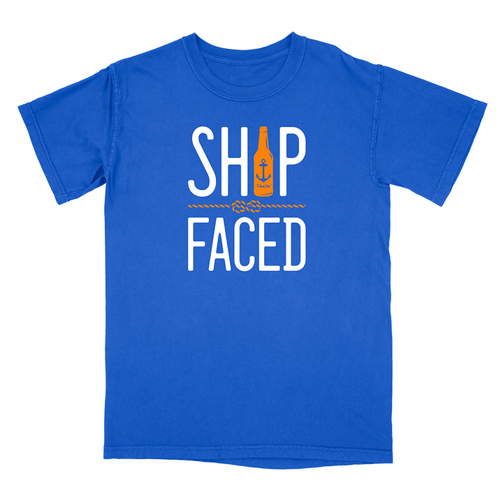 Blue t-shirt with 'Ship Faced' text and an orange bottle graphic on a white background