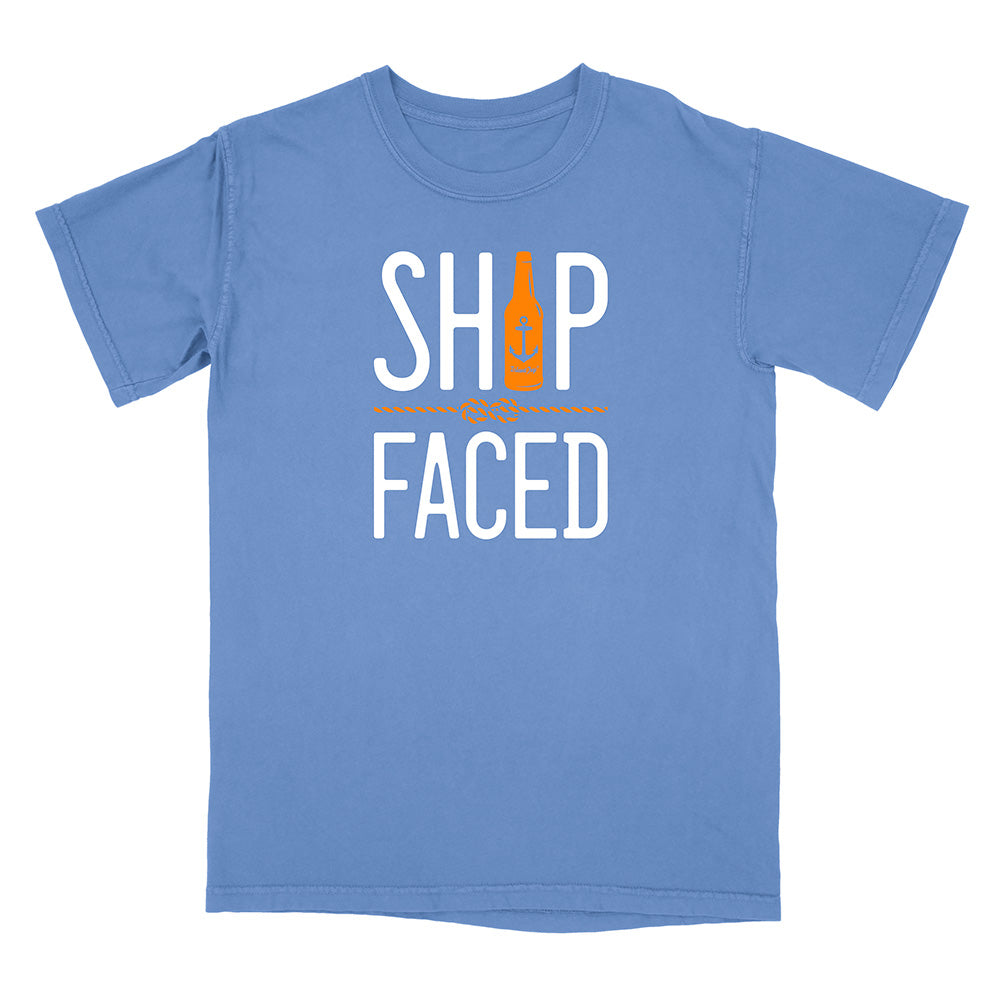 Blue t-shirt with 'Ship Faced' text and bottle graphic on a white background