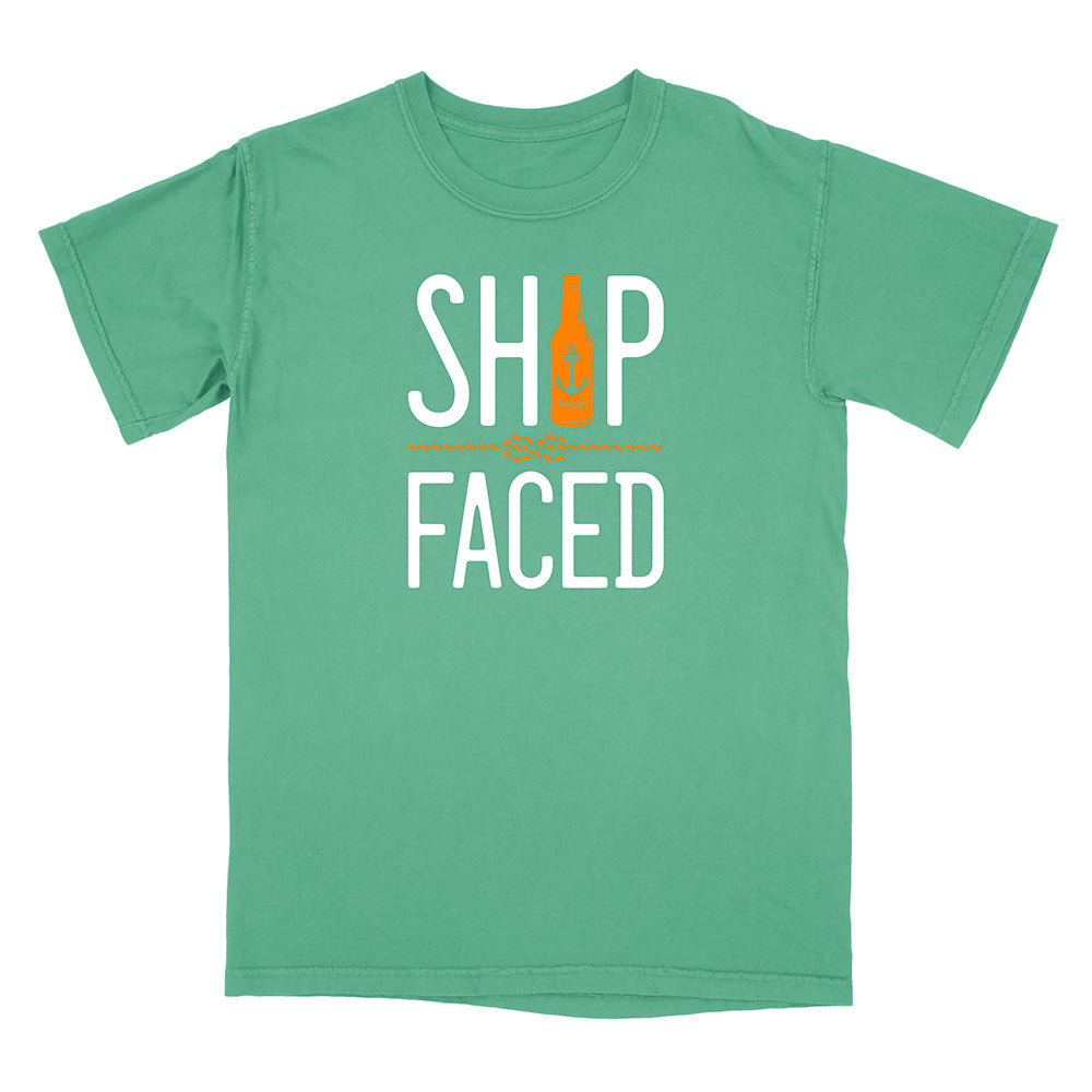 Green t-shirt with 'Ship Faced' text and bottle graphic on a white background
