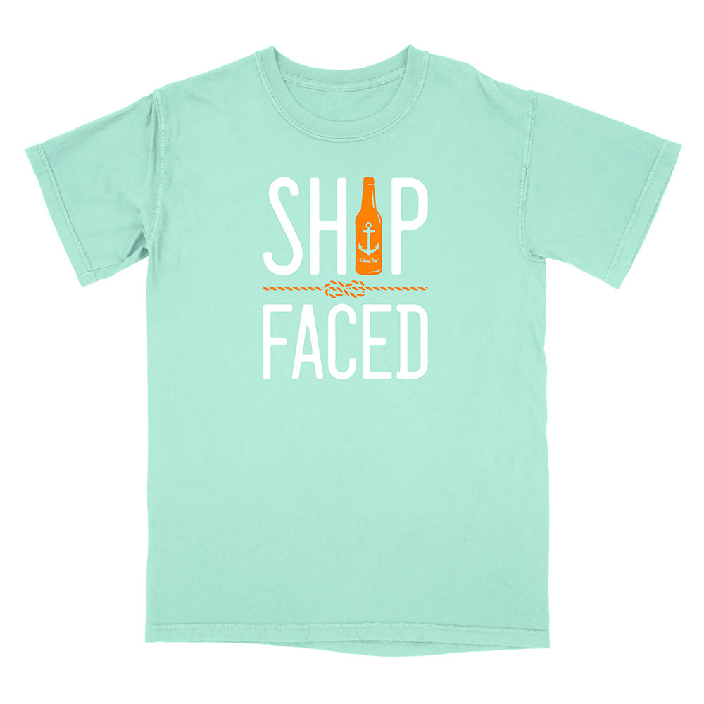 Mint green t-shirt with 'Ship Faced' text and bottle graphic on a white background