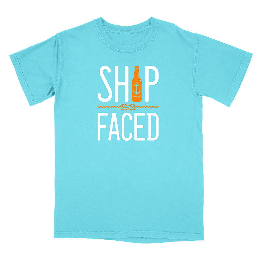 Light blue t-shirt with 'Ship Faced' text and bottle graphic on a white background