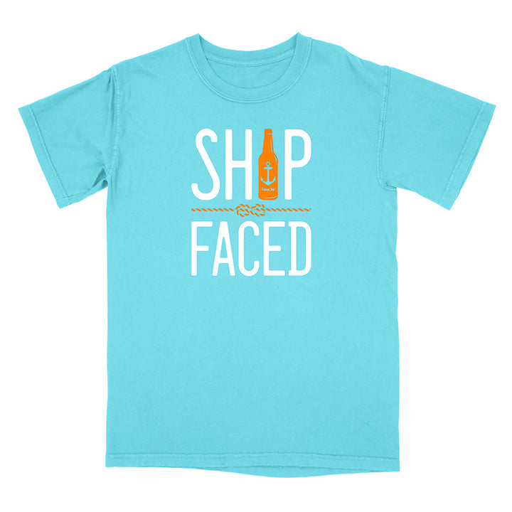 Light blue t-shirt with 'Ship Faced' text and bottle graphic on a white background