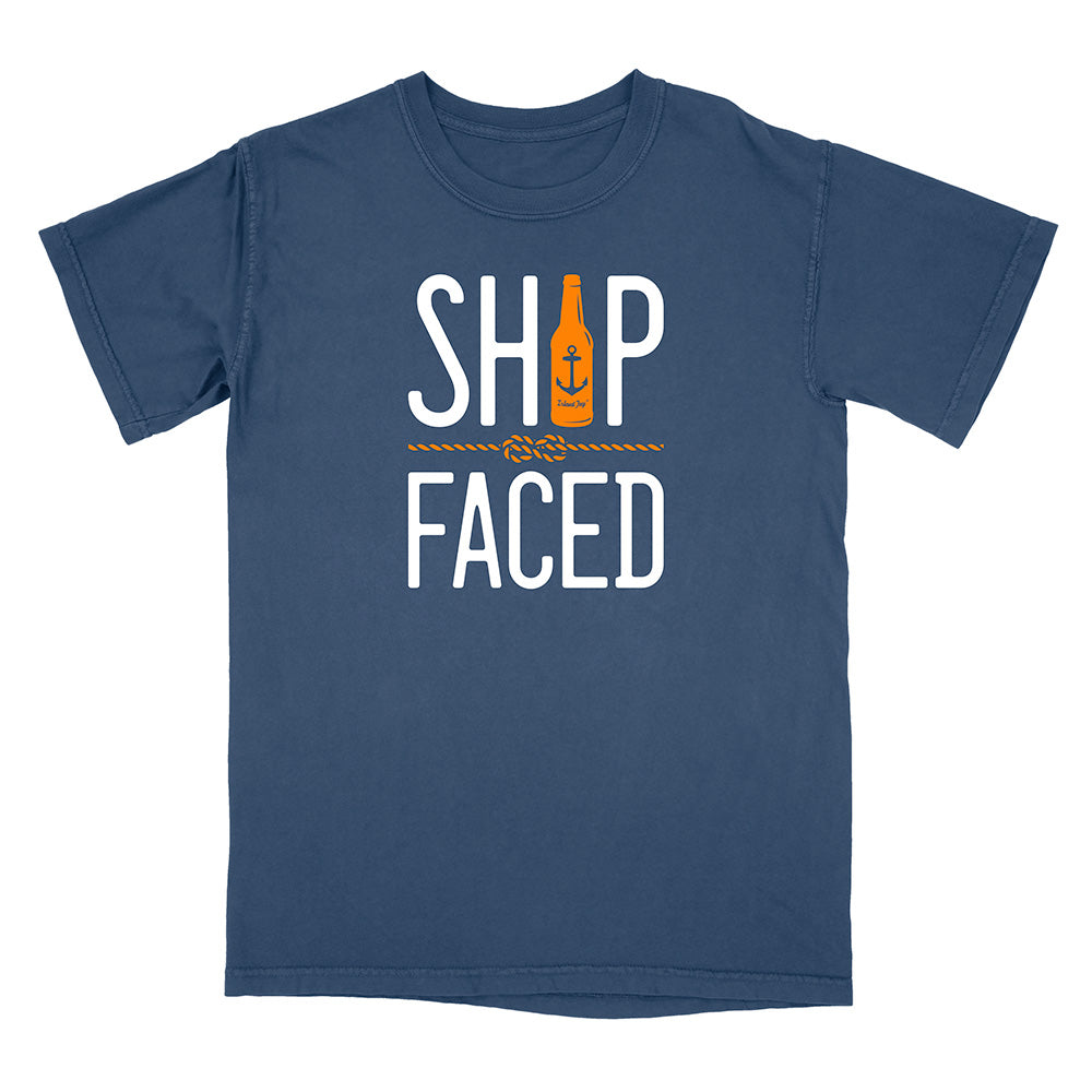 Blue t-shirt with 'Ship Faced' text and bottle graphic on a white background