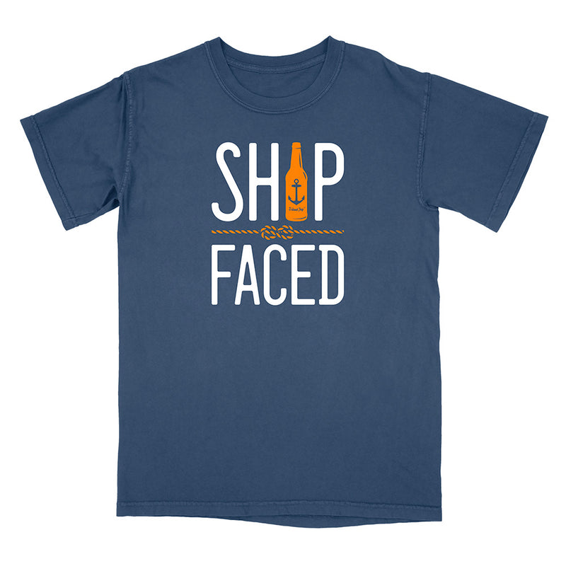 Blue t-shirt with 'Ship Faced' text and bottle graphic on a white background