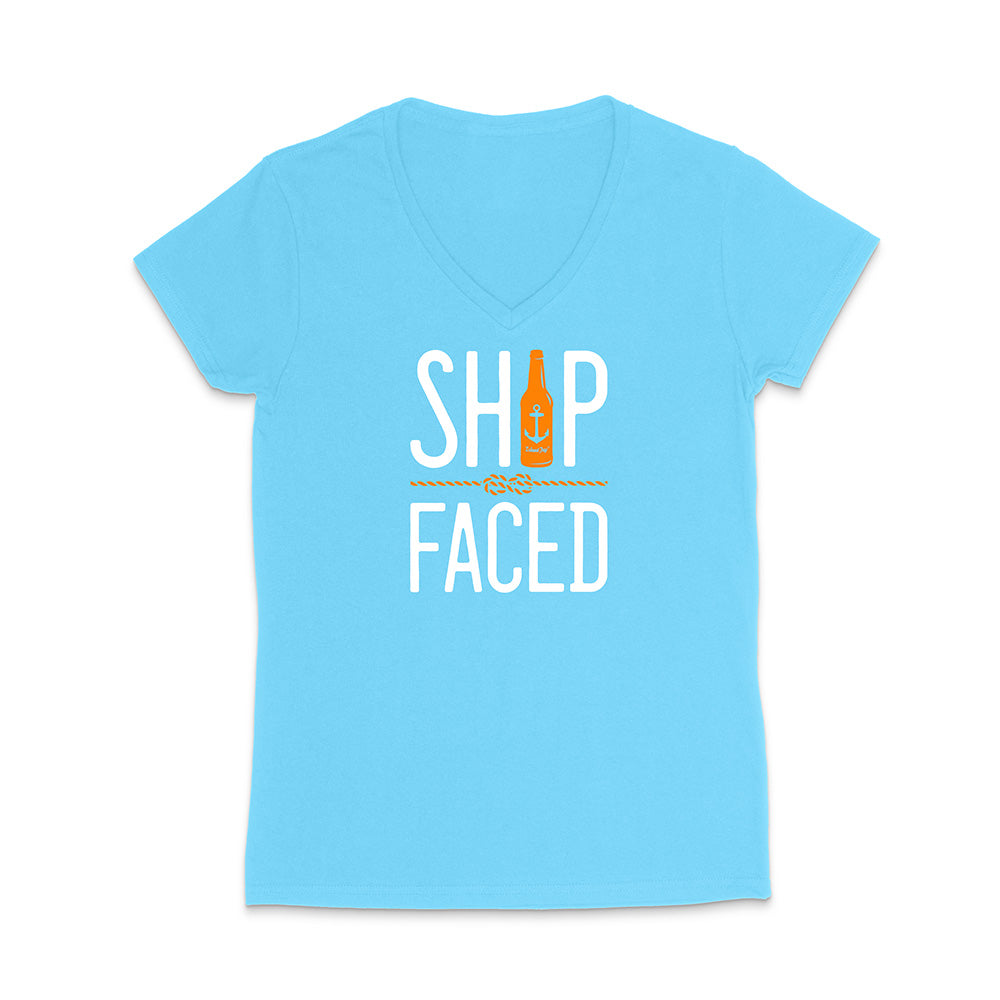 Light blue t-shirt with 'Ship Faced' graphic design on a white background