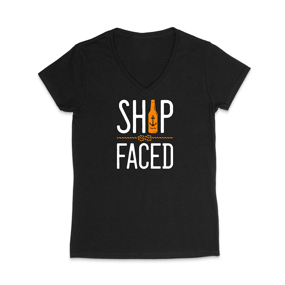 Black t-shirt with 'Ship Faced' graphic design on a white background