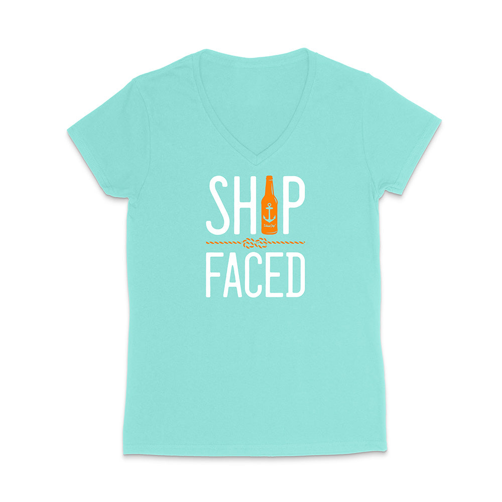 Mint t-shirt with 'Ship Faced' graphic design on a white background