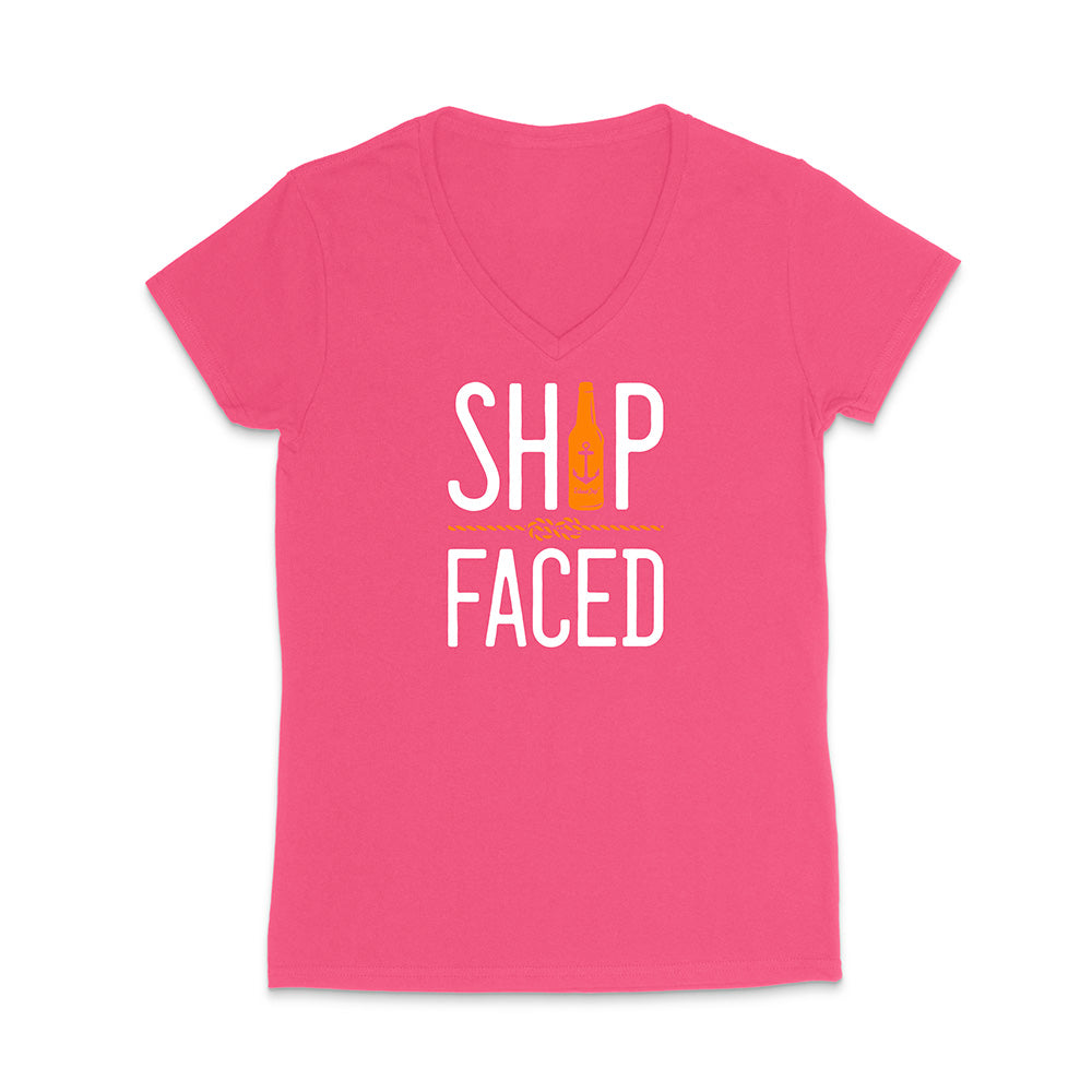 Pink t-shirt with 'Ship Faced' graphic design on a white background