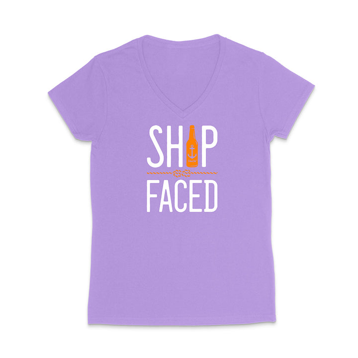 Violet t-shirt with 'Ship Faced' graphic design on a white background