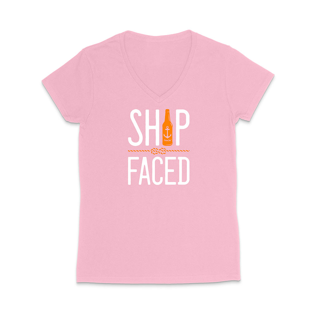 Pink t-shirt with 'Ship Faced' graphic design on a white background