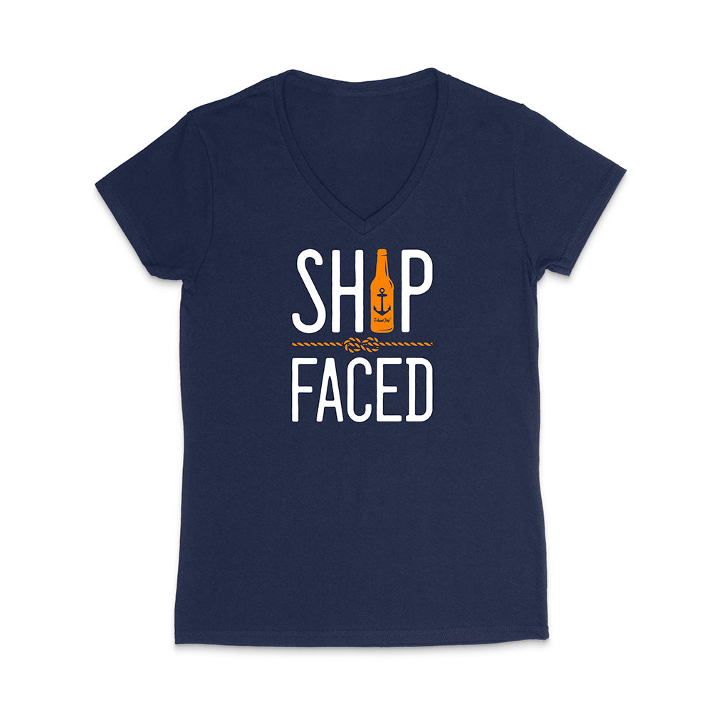 Navy t-shirt with 'Ship Faced' graphic design on a white background