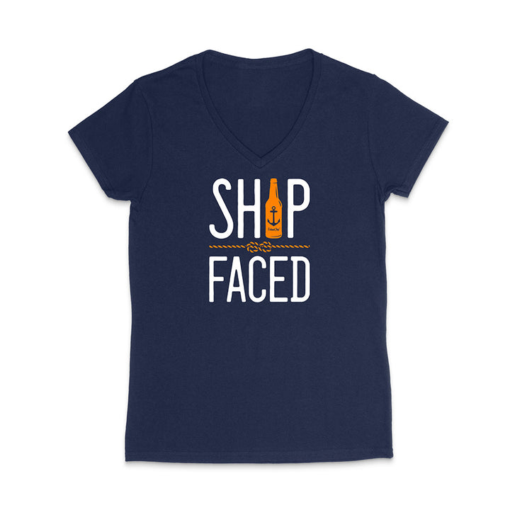 Navy t-shirt with 'Ship Faced' graphic design on a white background