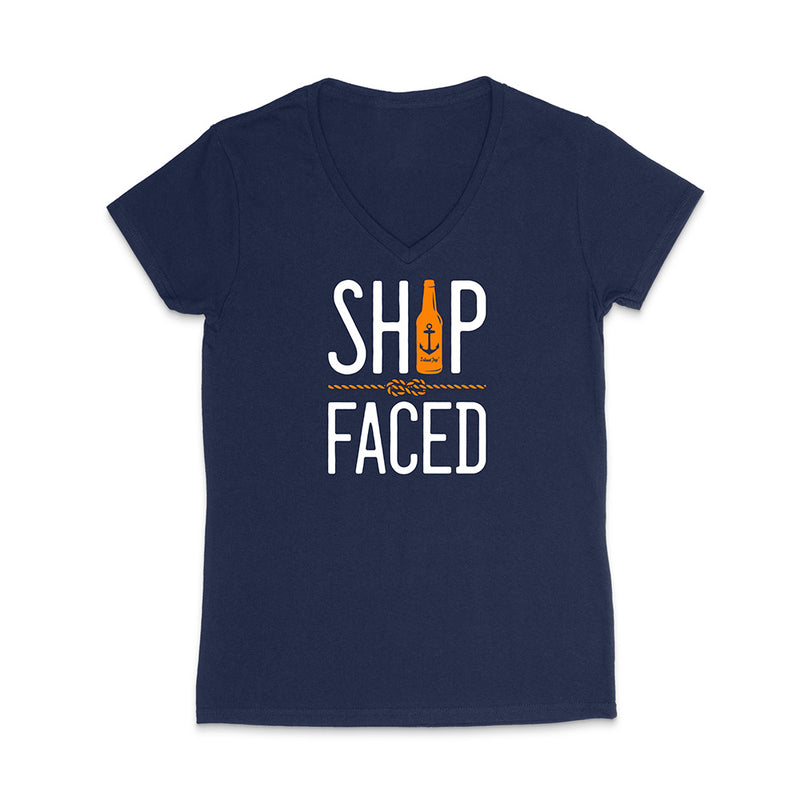 Navy t-shirt with 'Ship Faced' graphic design on a white background