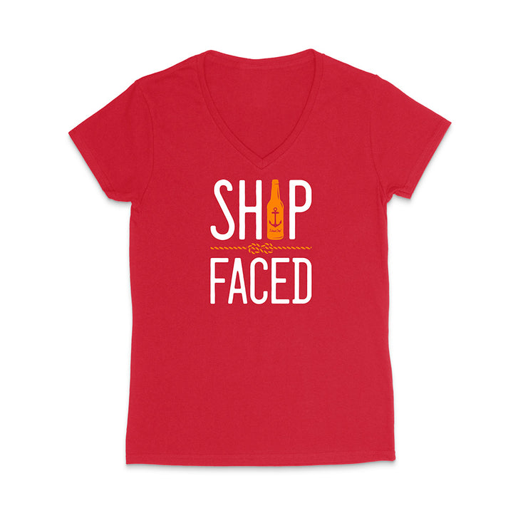 Red t-shirt with 'Ship Faced' graphic design on a white background