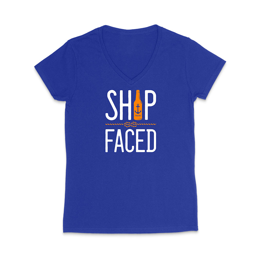 Blue t-shirt with 'Ship Faced' graphic design on a white background