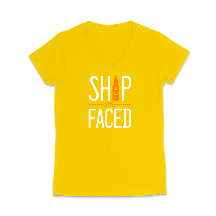 Yellow t-shirt with 'Ship Faced' graphic design on a white background