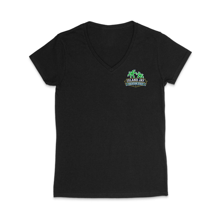 A black women's short-sleeve V-neck t-shirt with a small colorful graphic on the left chest featuring palm trees and the text 'Island Jay Vacation Staff'.