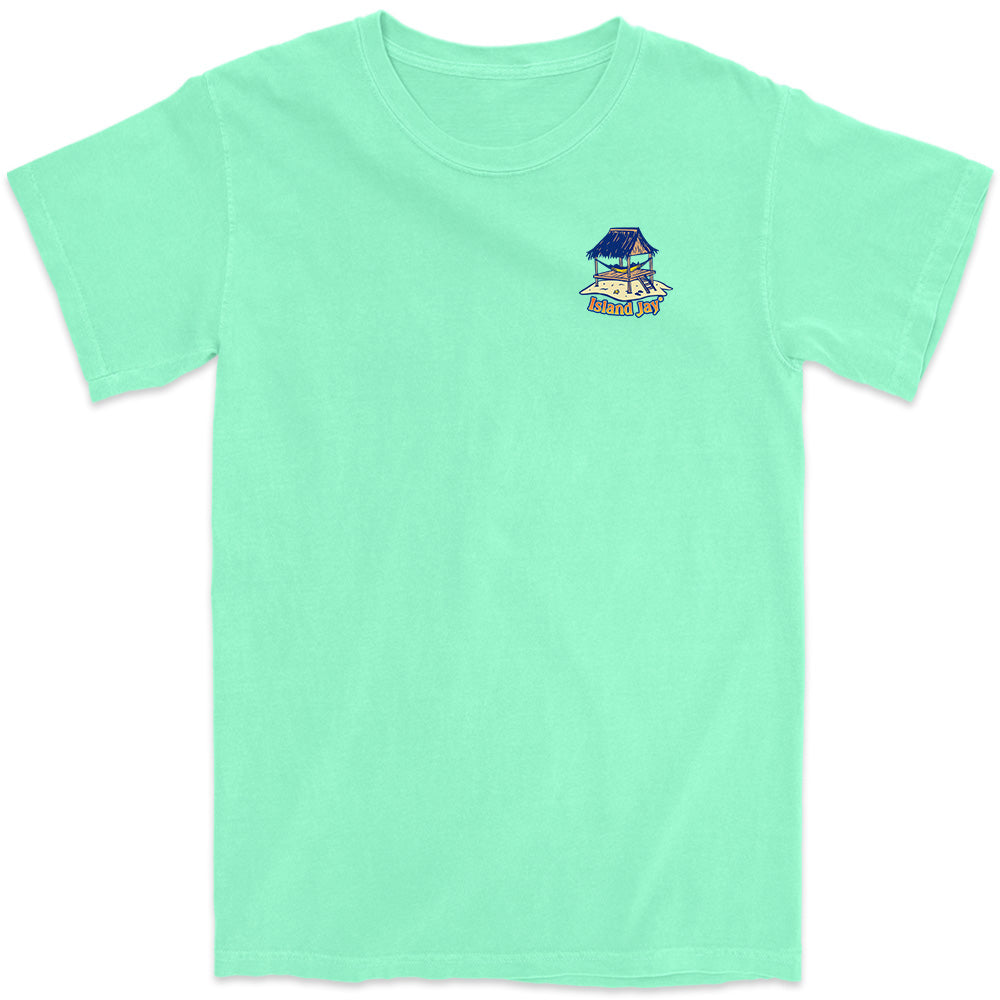 Tropical Men's Cotton T-Shirt with Somewhere The Is An Island written on it. Island Reef Green Front