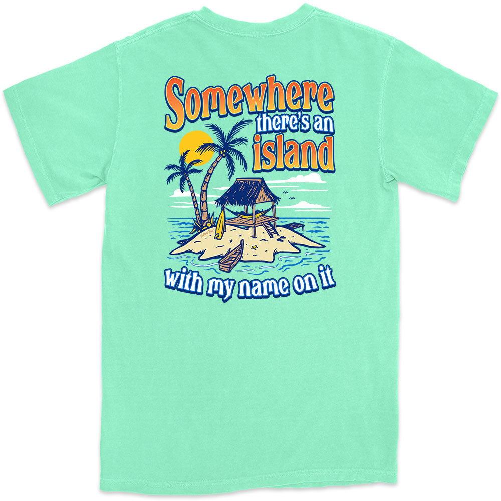 Tropical Men's Cotton T-Shirt with Somewhere The Is An Island written on it.  Island Reef Green