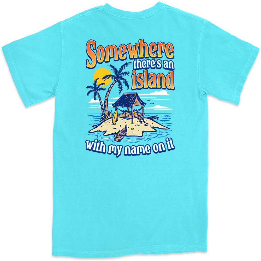 Tropical Men's Cotton T-Shirt with Somewhere The Is An Island written on it. Lagoon