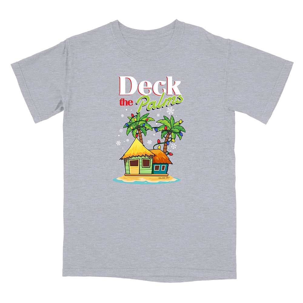 Gray t-shirt with a tropical hut and palm tree design with graphic text reading "Deck The Palms" on a white background