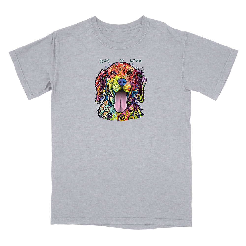 Gray t-shirt with a colorful dog graphic and 'Dog is Love' text on a white background