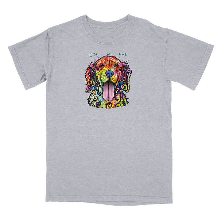Gray t-shirt with a colorful dog graphic and 'Dog is Love' text on a white background