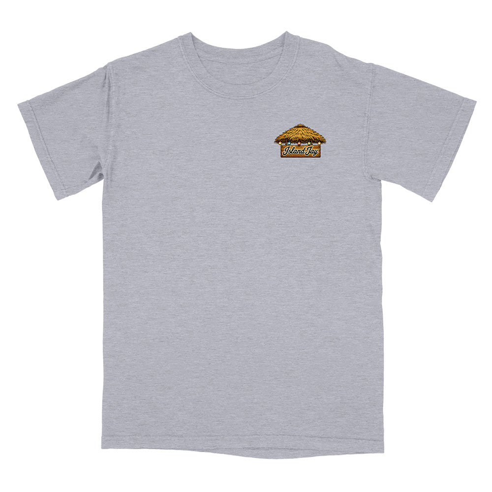A heather gray short-sleeve t-shirt with a small graphic on the left chest depicting a thatched-roof hut with the text 'Wild Berries'.