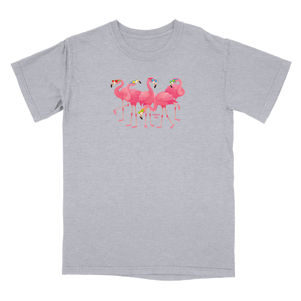 Gray t-shirt with pink flamingo design on a white background