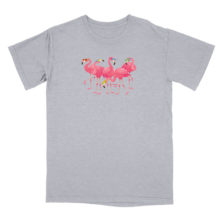 Gray t-shirt with pink flamingo design on a white background