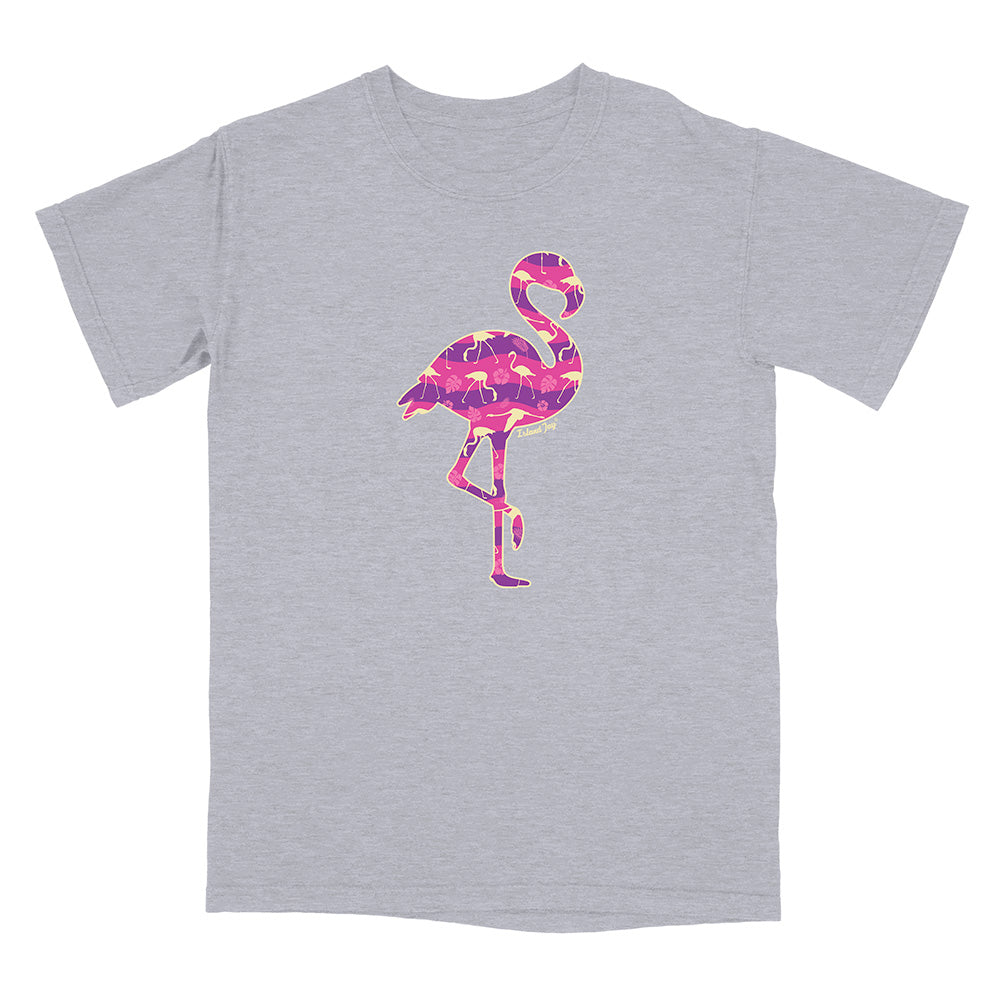 Grey t-shirt with a pink flamingo design on a white background.