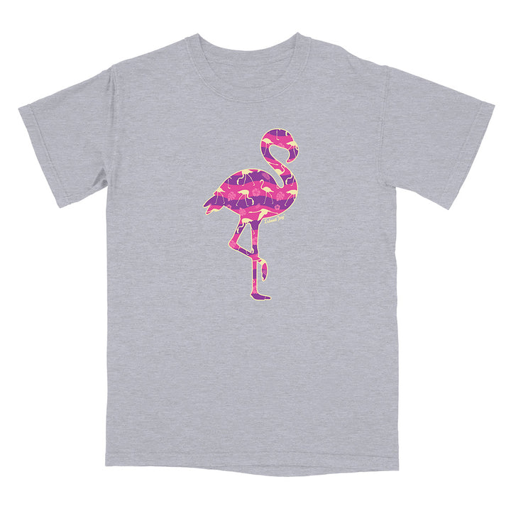 Grey t-shirt with a pink flamingo design on a white background.