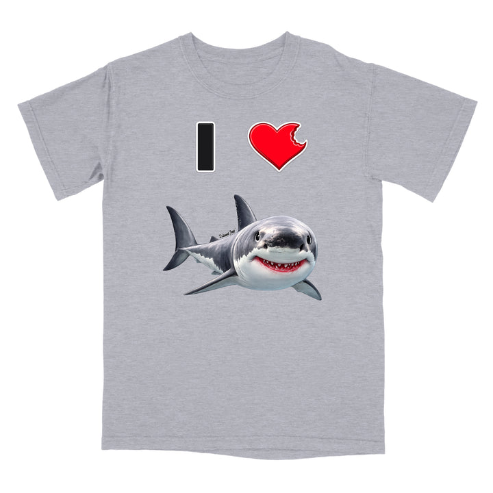 A heather gray short-sleeve t-shirt featuring a graphic print of a great white shark and the text 'I' followed by a red heart, displayed on a clean white background.