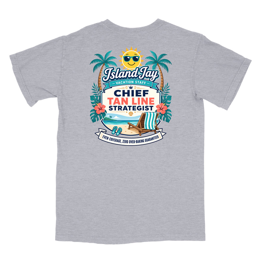 A grey short-sleeve t-shirt with a colorful graphic print on the front. The graphic features a smiling sun wearing sunglasses, palm trees, a beach scene, and text that reads 'Island Jay Vacation Staff by CHIEF TAN LINE STRATEGIST'.