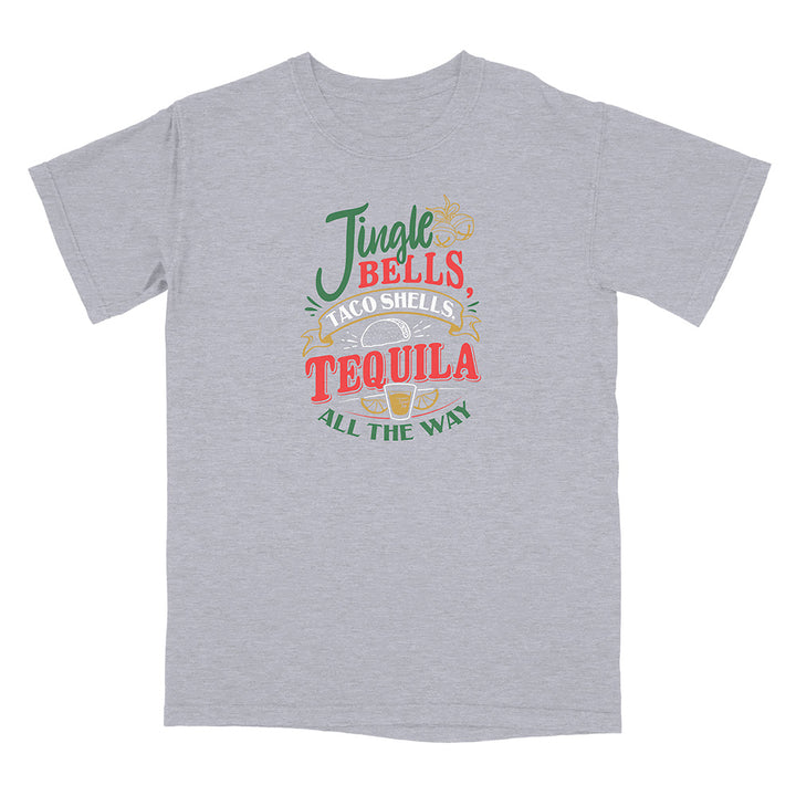 Gray t-shirt with colorful graphic and text reading "Jingle Bells Taco Shells Tequila All The Way".