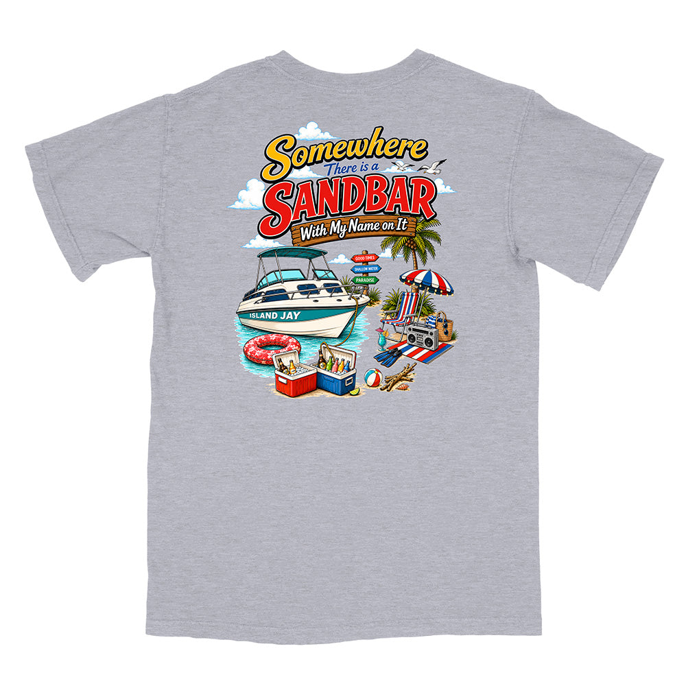 A heather gray short-sleeve t-shirt with a colorful graphic print on the front depicting a boat, beach umbrella, cooler, and the text 'Somewhere There is a SANDBAR With My Name on It'.