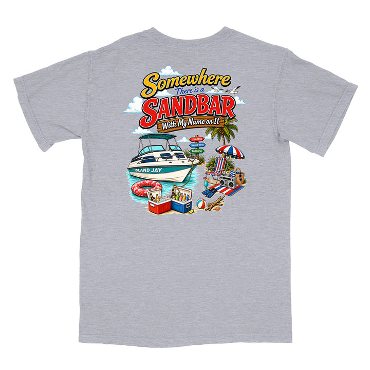 A heather gray short-sleeve t-shirt with a colorful graphic print on the front depicting a boat, beach umbrella, cooler, and the text 'Somewhere There is a SANDBAR With My Name on It'.