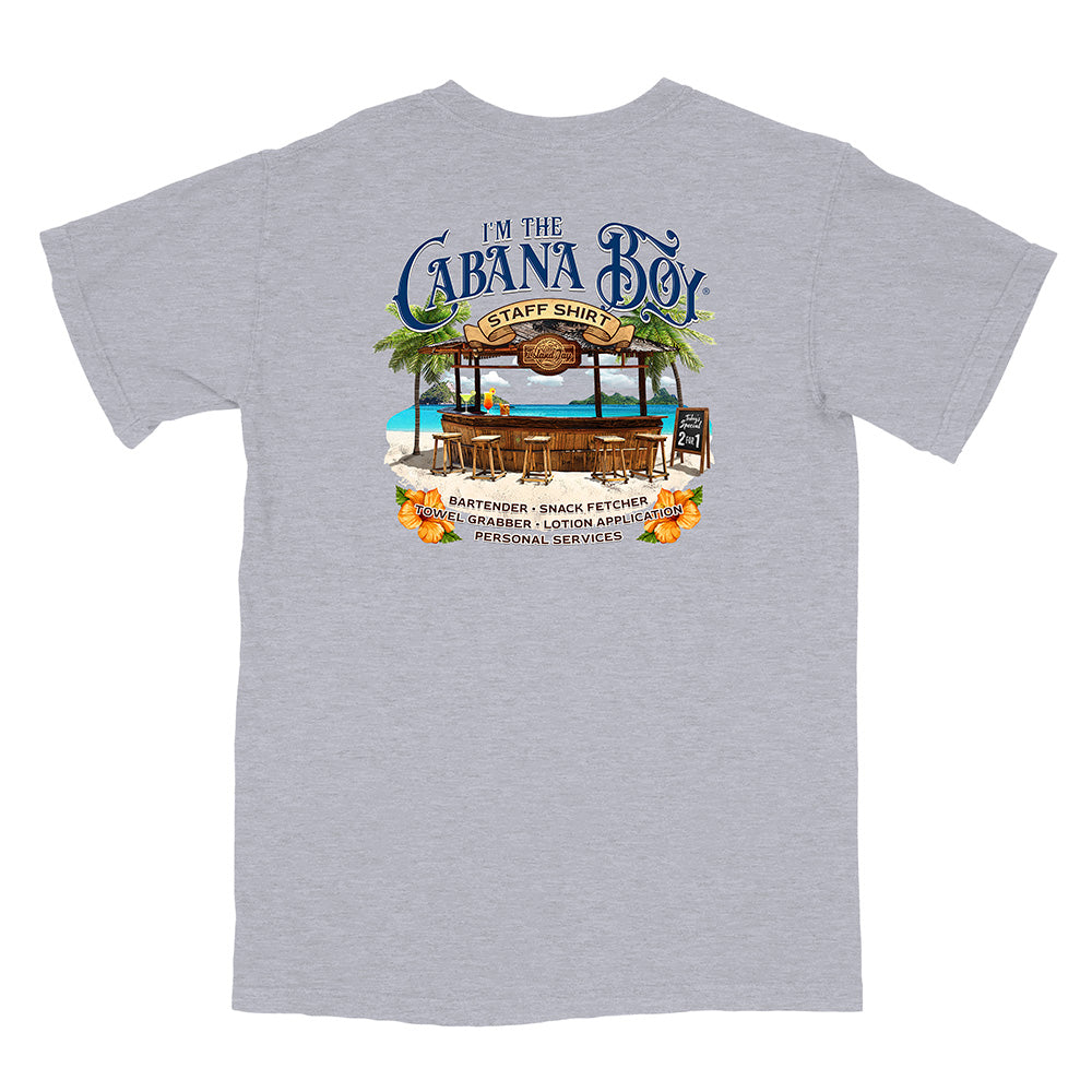 Grey t-shirt with 'I'm the Cabana Boy Staff Shirt' graphic on a white background