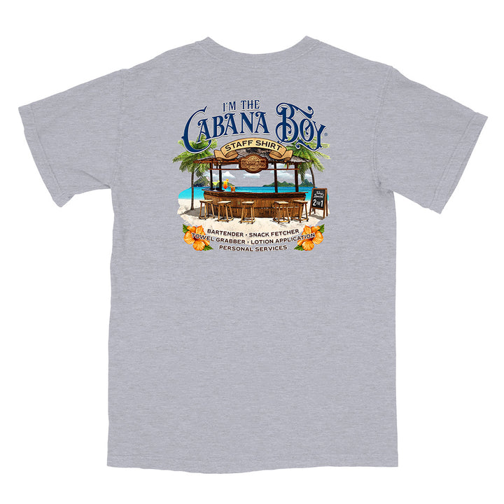 Grey t-shirt with 'I'm the Cabana Boy Staff Shirt' graphic on a white background
