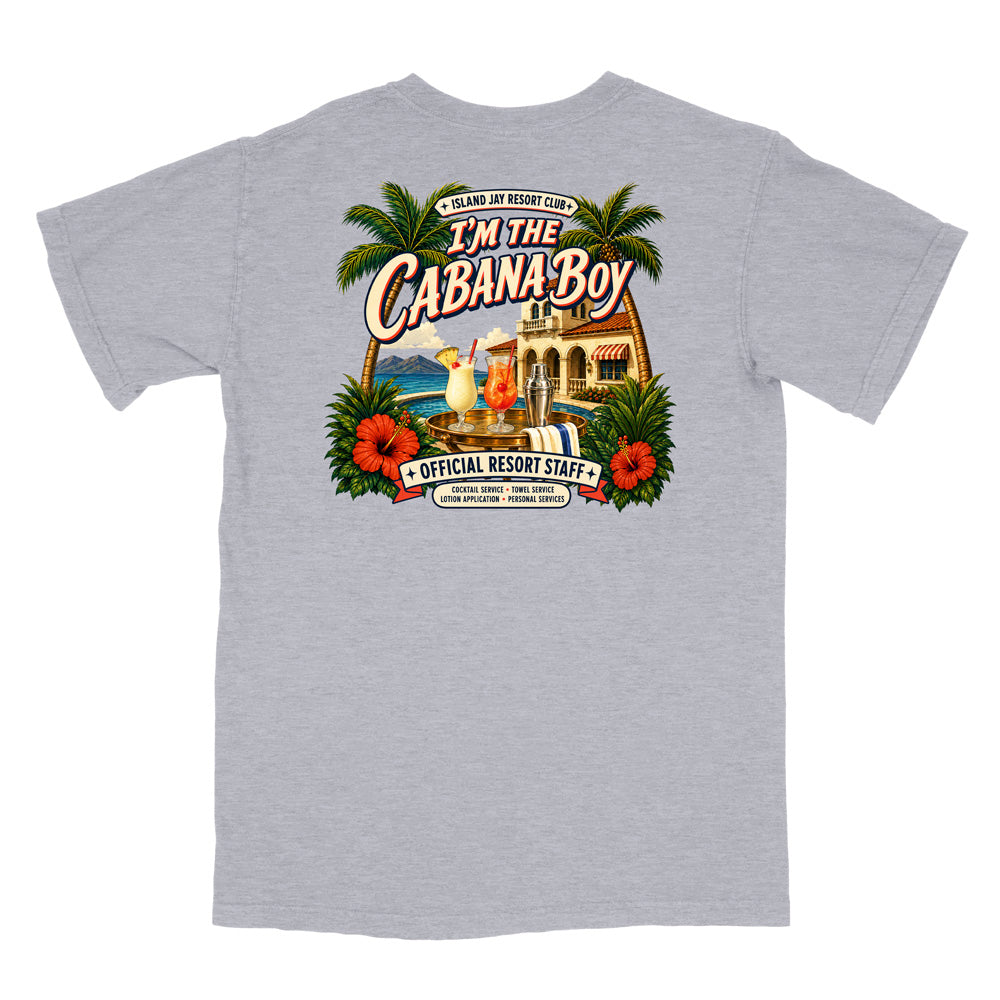 A heather gray short-sleeve t-shirt shown from the back, featuring a large, colorful retro graphic print with the text 'I'm The Cabana Boy' and tropical resort-themed illustrations.