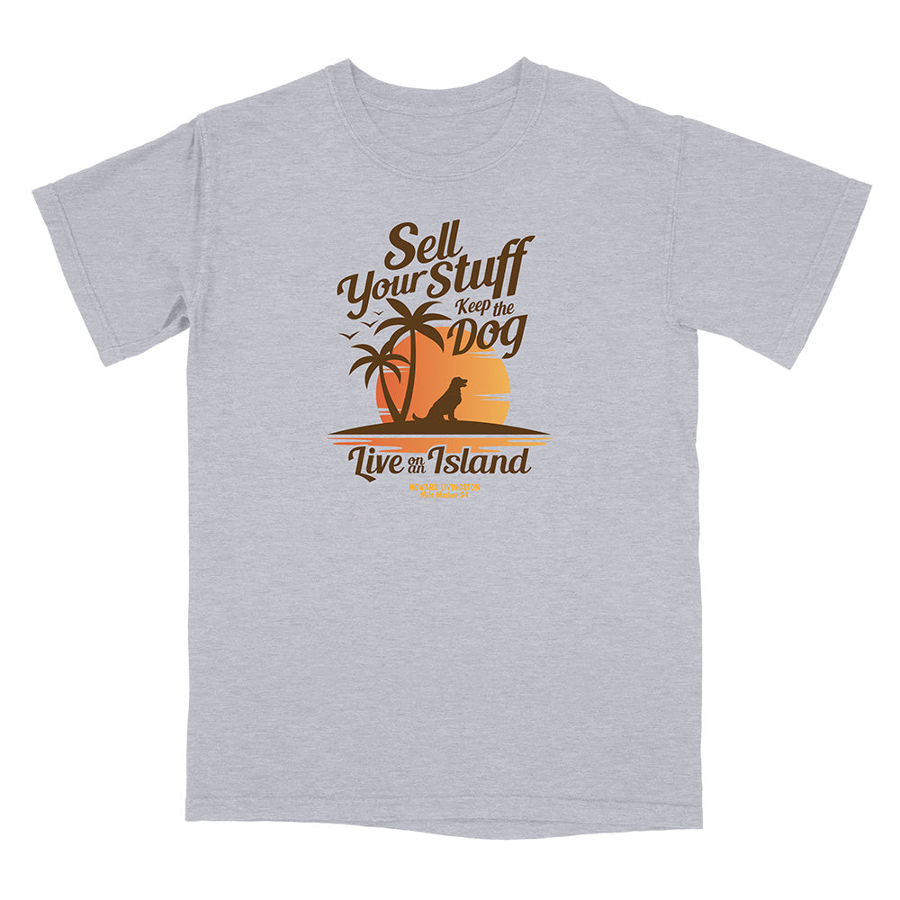 Gray t-shirt with a tropical graphic and text on a white background